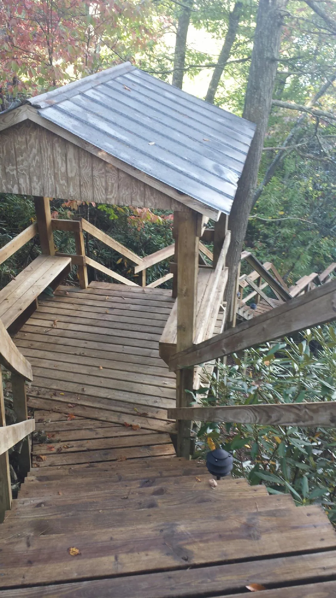 Metal roofed shelter over wooden steps on a wooded walkway — Skylight Repair & Installation work by our crew in Silt